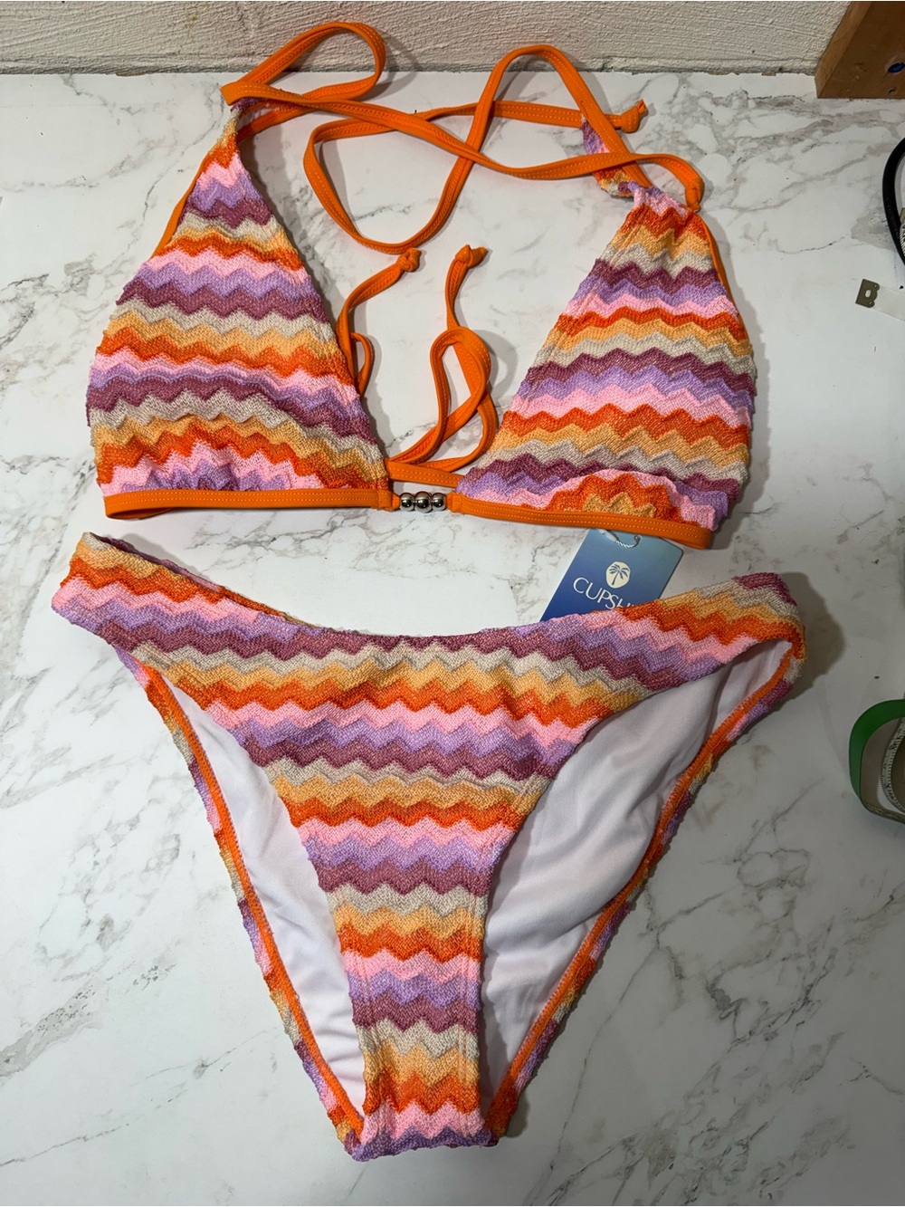 Cupshe Orange Pink Multi Chevron Bikini Set
